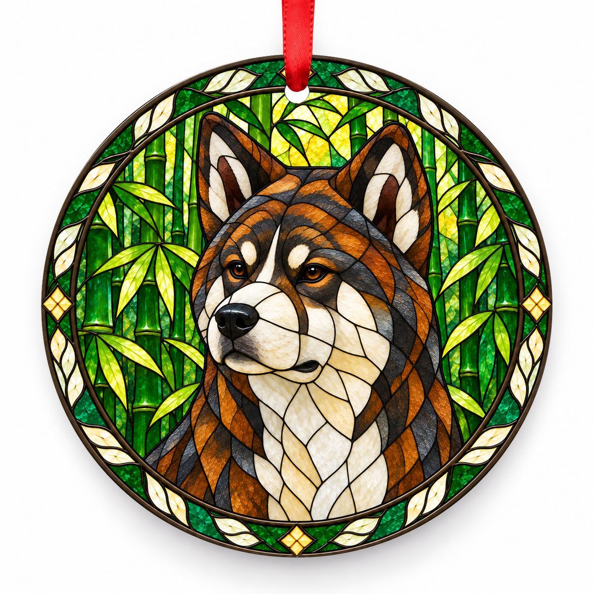Brindle Akita stained glass style porcelain Christmas ornament with red ribbon