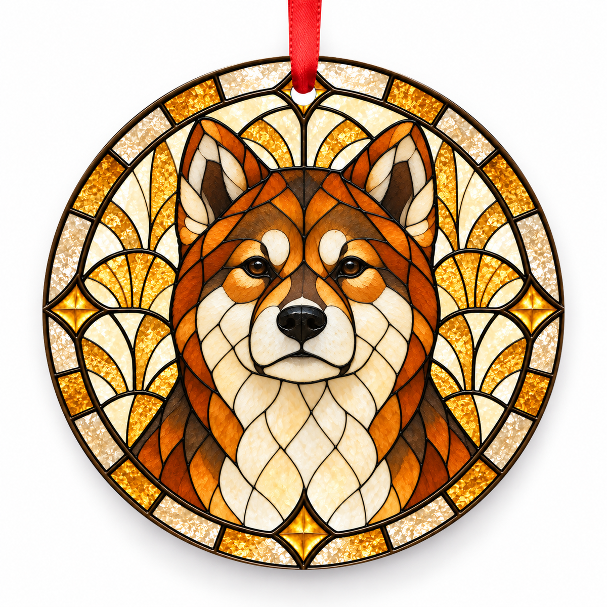 Sesame Akita stained glass style porcelain Christmas ornament with red ribbon