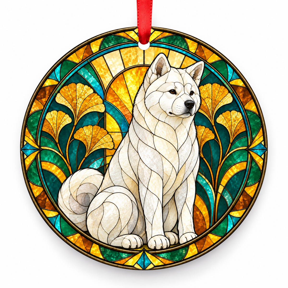 White Akita stained glass style porcelain Christmas ornament with red ribbon