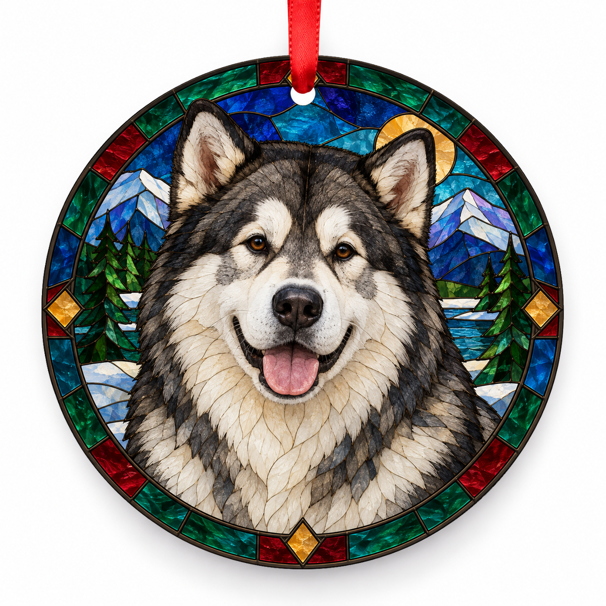 Original Alaskan Malamute stained glass style porcelain Christmas ornament with red ribbon