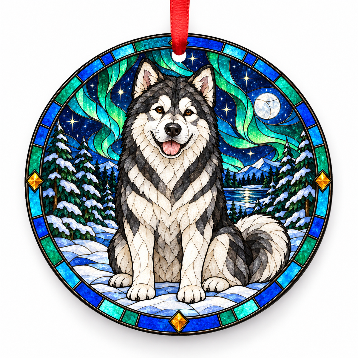 Black White Alaskan Malamute stained glass style porcelain Christmas ornament with red ribbon