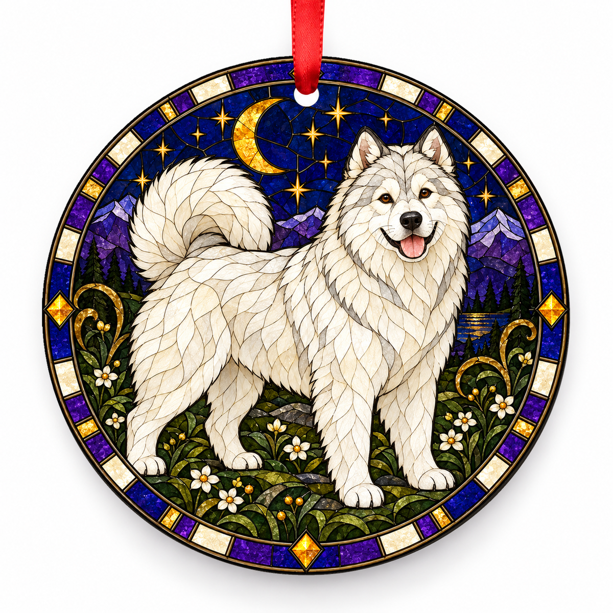 White Alaskan Malamute stained glass style porcelain Christmas ornament with red ribbon