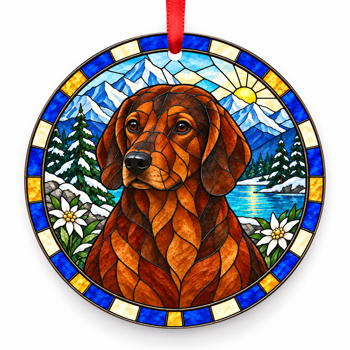 Original Alpine Dachsbracke stained glass style porcelain Christmas ornament with red ribbon