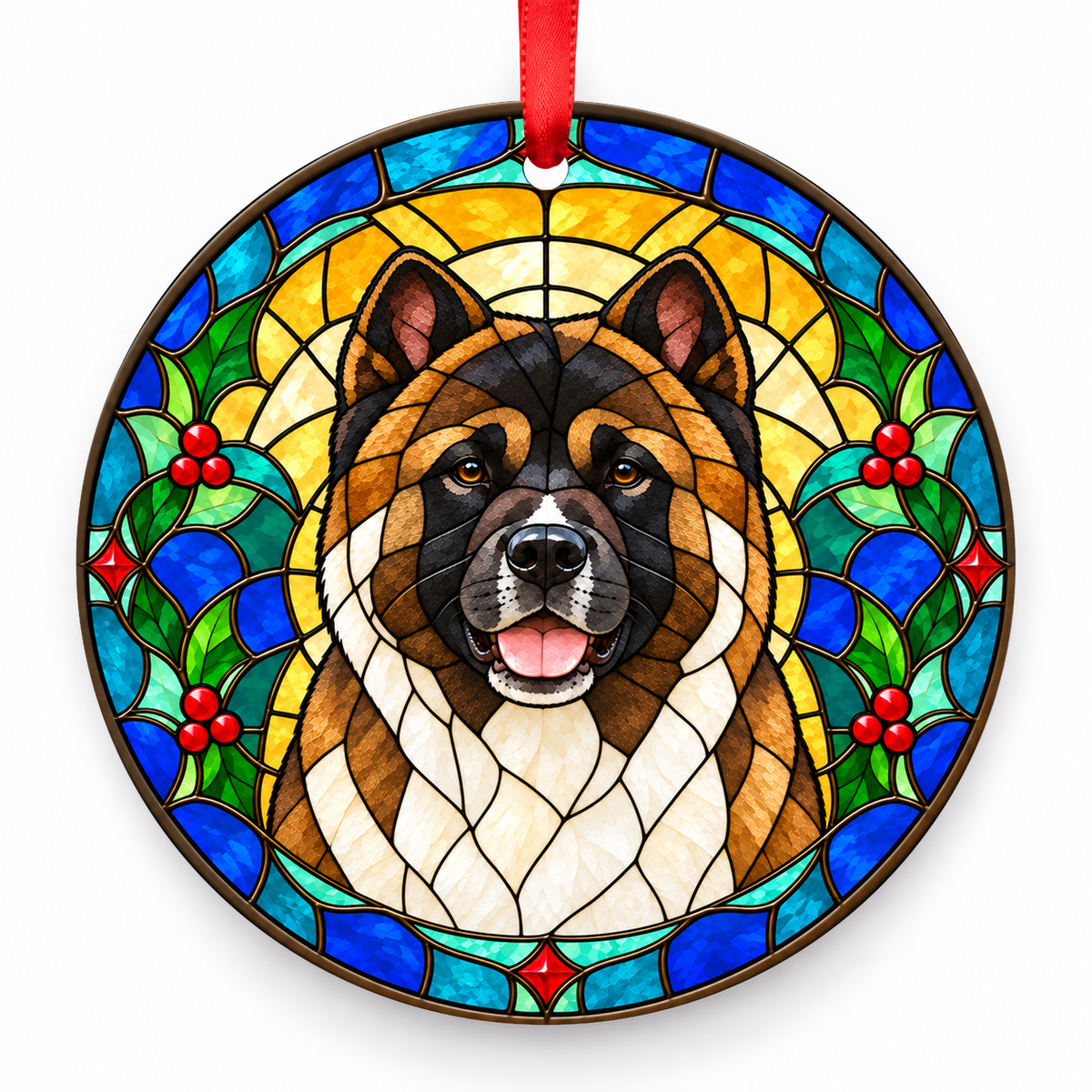 Original American Akita stained glass style porcelain Christmas ornament with red ribbon