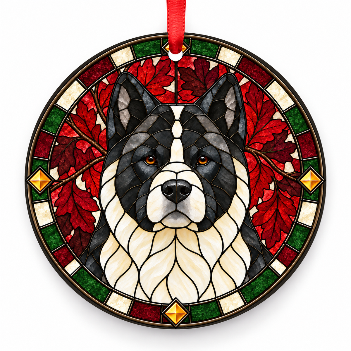 Black White American Akita stained glass style porcelain Christmas ornament with red ribbon