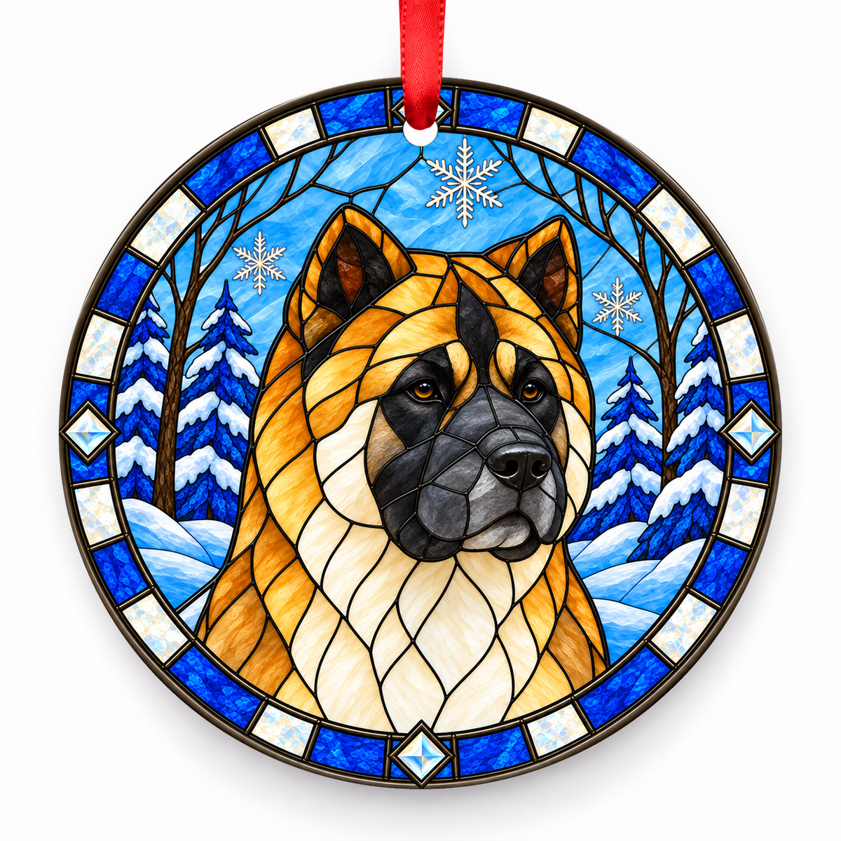 Fawn Black Mask American Akita stained glass style porcelain Christmas ornament with red ribbon
