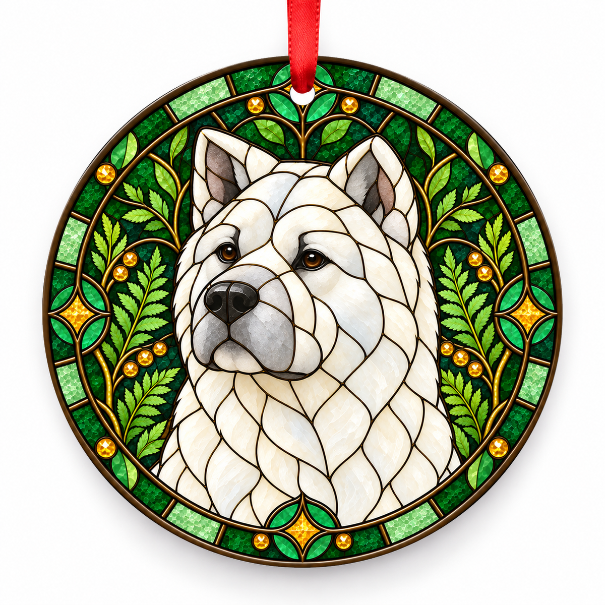 White American Akita stained glass style porcelain Christmas ornament with red ribbon