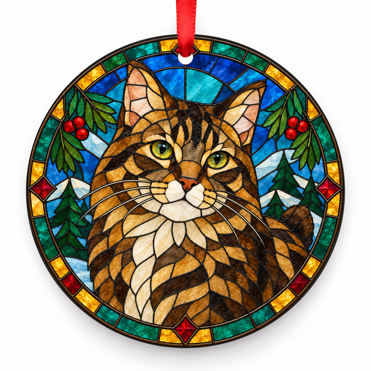 Original American Bobtail stained glass style porcelain Christmas ornament with red ribbon