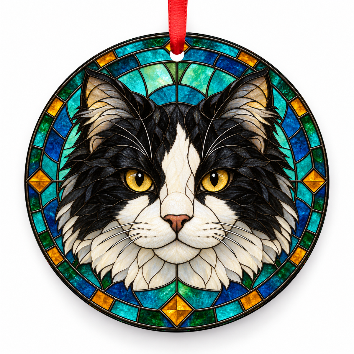 Black White American Bobtail stained glass style porcelain Christmas ornament with red ribbon