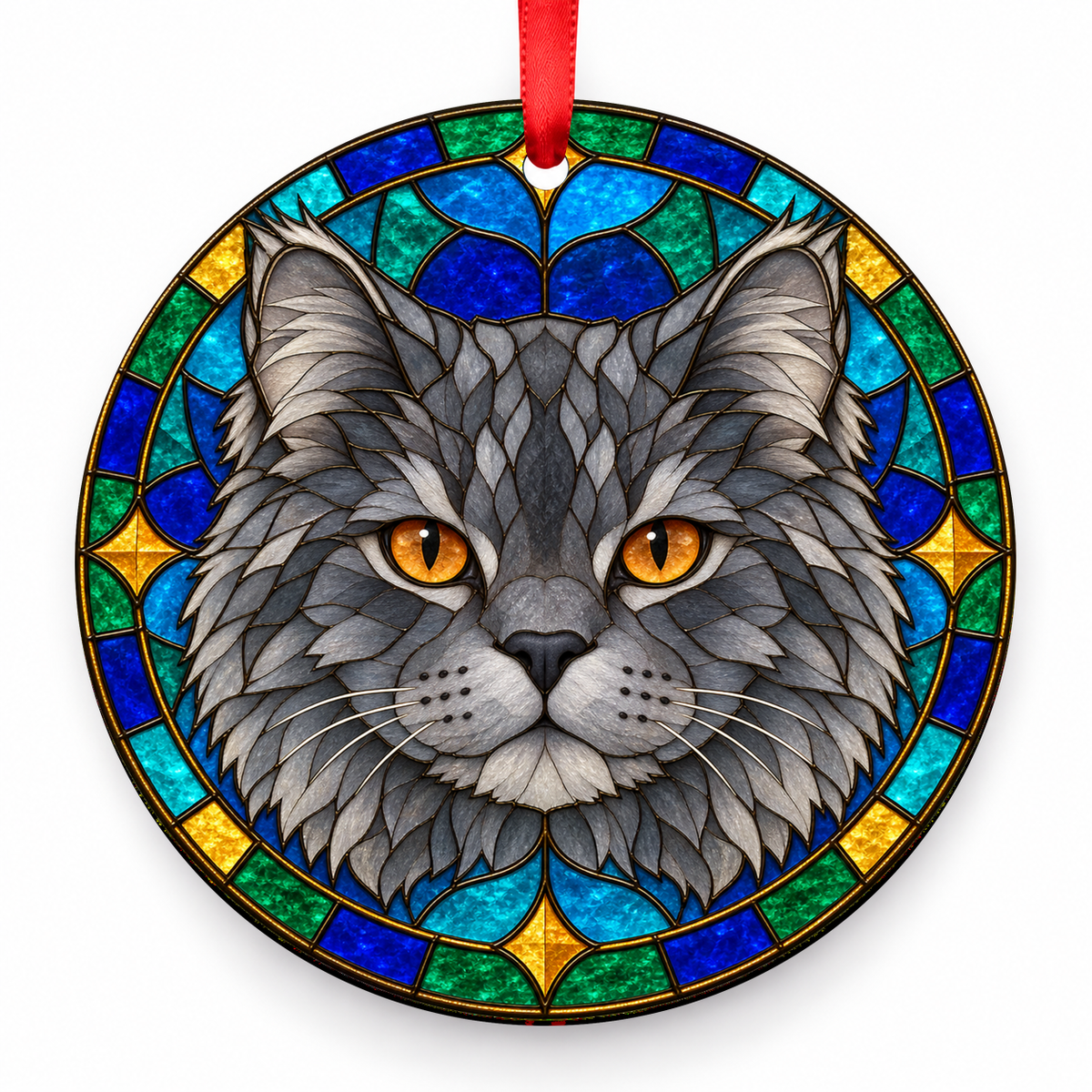 Blue American Bobtail stained glass style porcelain Christmas ornament with red ribbon