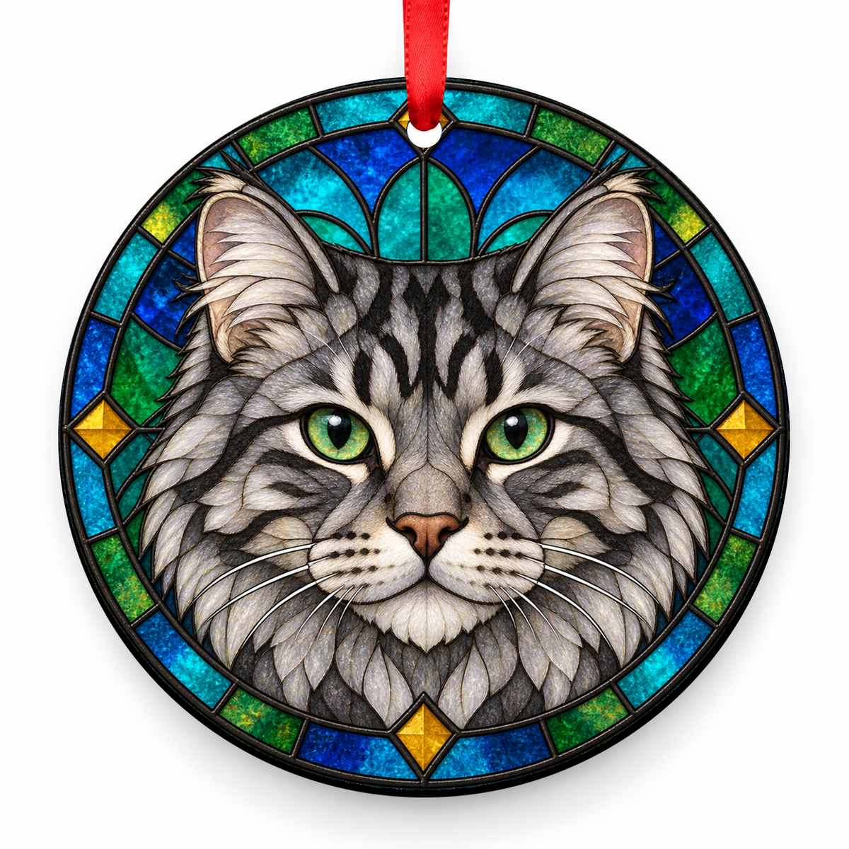 Silver Tabby American Bobtail stained glass style porcelain Christmas ornament with red ribbon