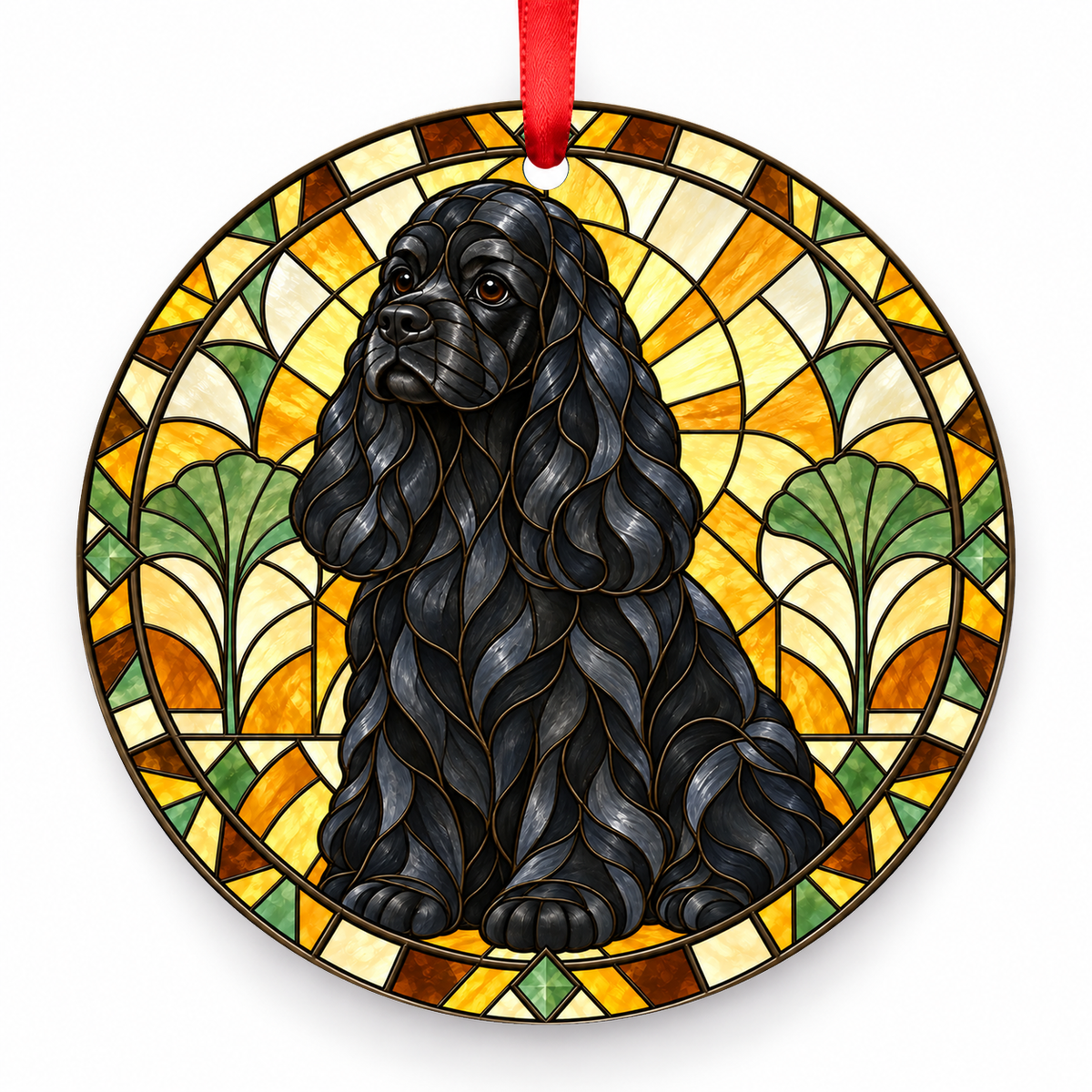 Black American Cocker Spaniel stained glass style porcelain Christmas ornament with red ribbon