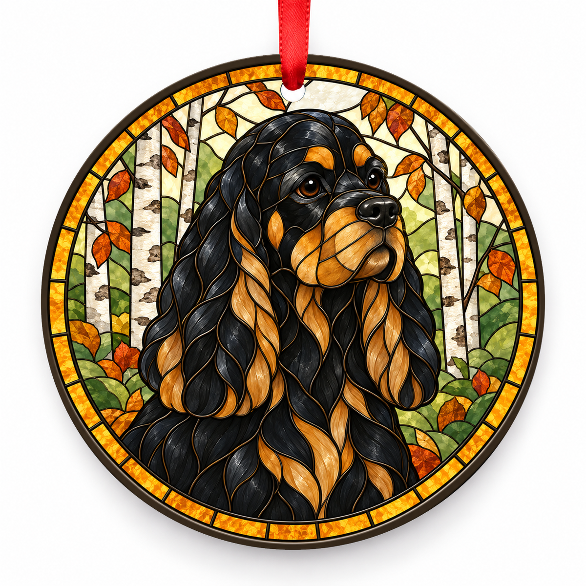 Black Tan American Cocker Spaniel stained glass style porcelain Christmas ornament with red ribbon