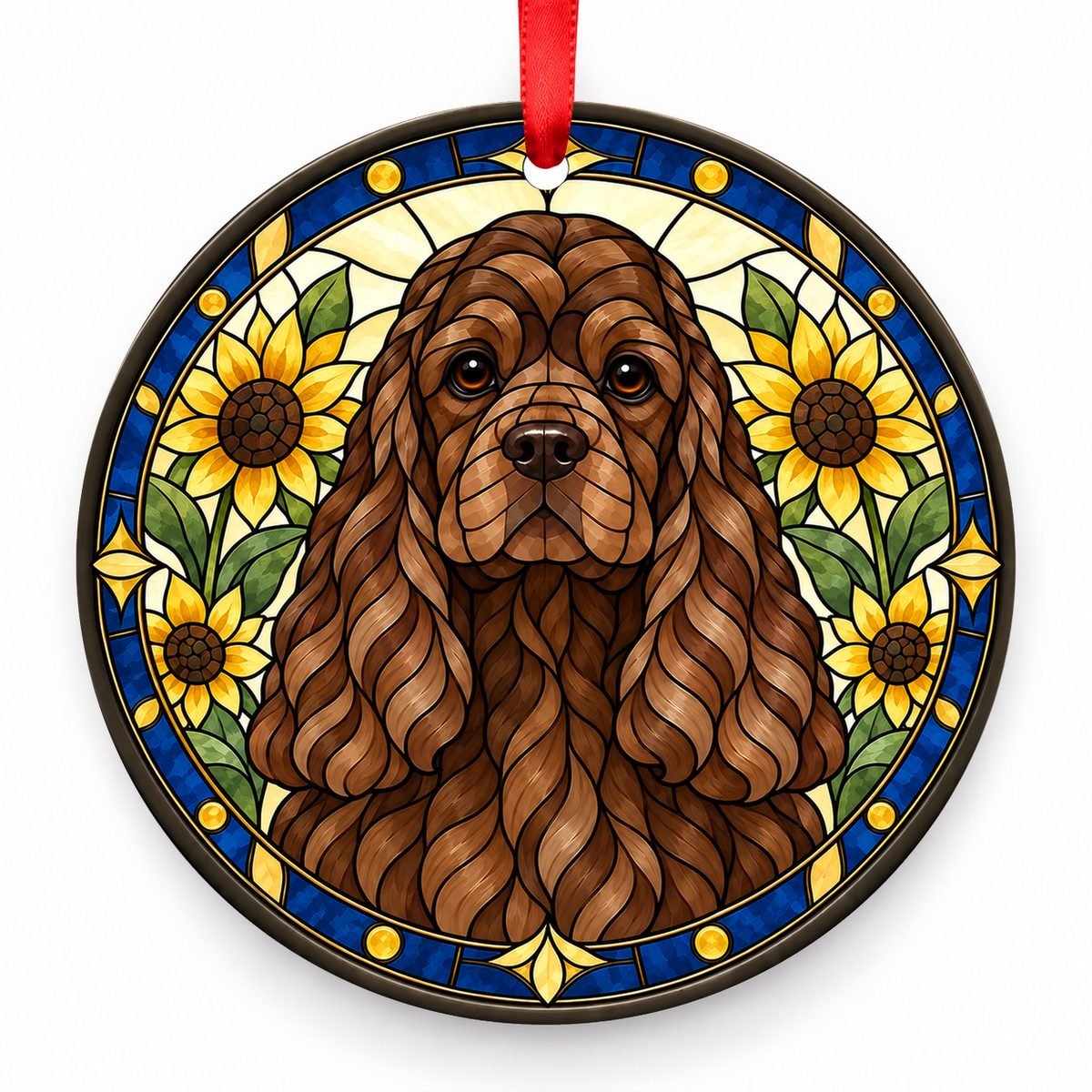 Chocolate American Cocker Spaniel stained glass style porcelain Christmas ornament with red ribbon