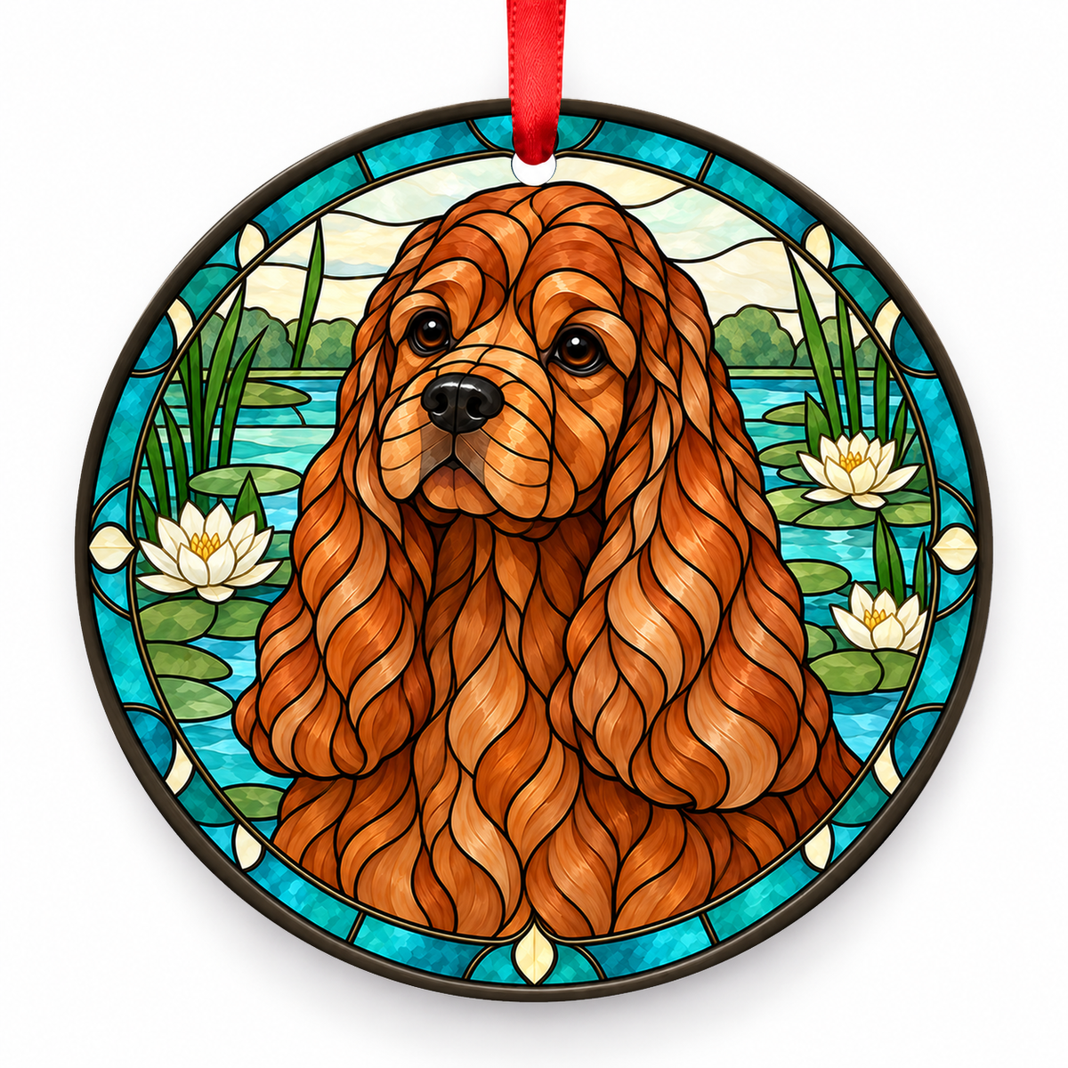 Red American Cocker Spaniel stained glass style porcelain Christmas ornament with red ribbon