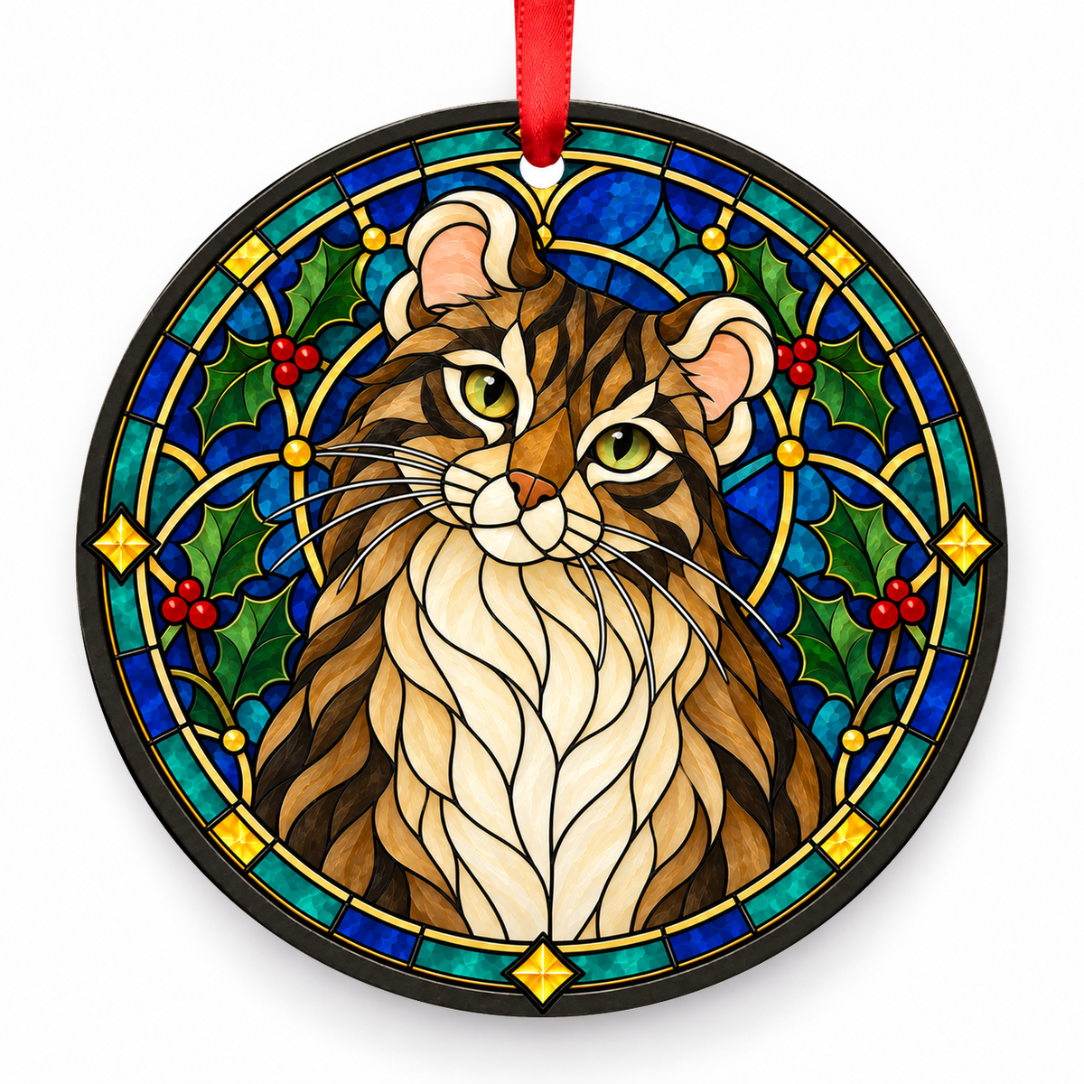 Original American Curl stained glass style porcelain Christmas ornament with red ribbon