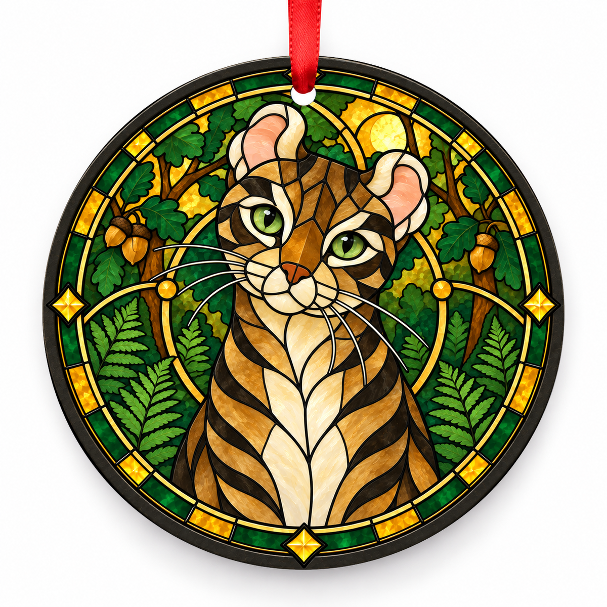 Brown Tabby American Curl stained glass style porcelain Christmas ornament with red ribbon