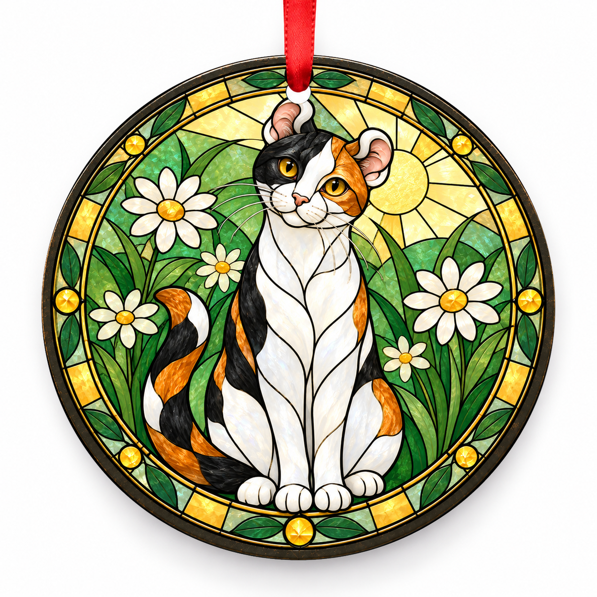 Calico American Curl stained glass style porcelain Christmas ornament with red ribbon