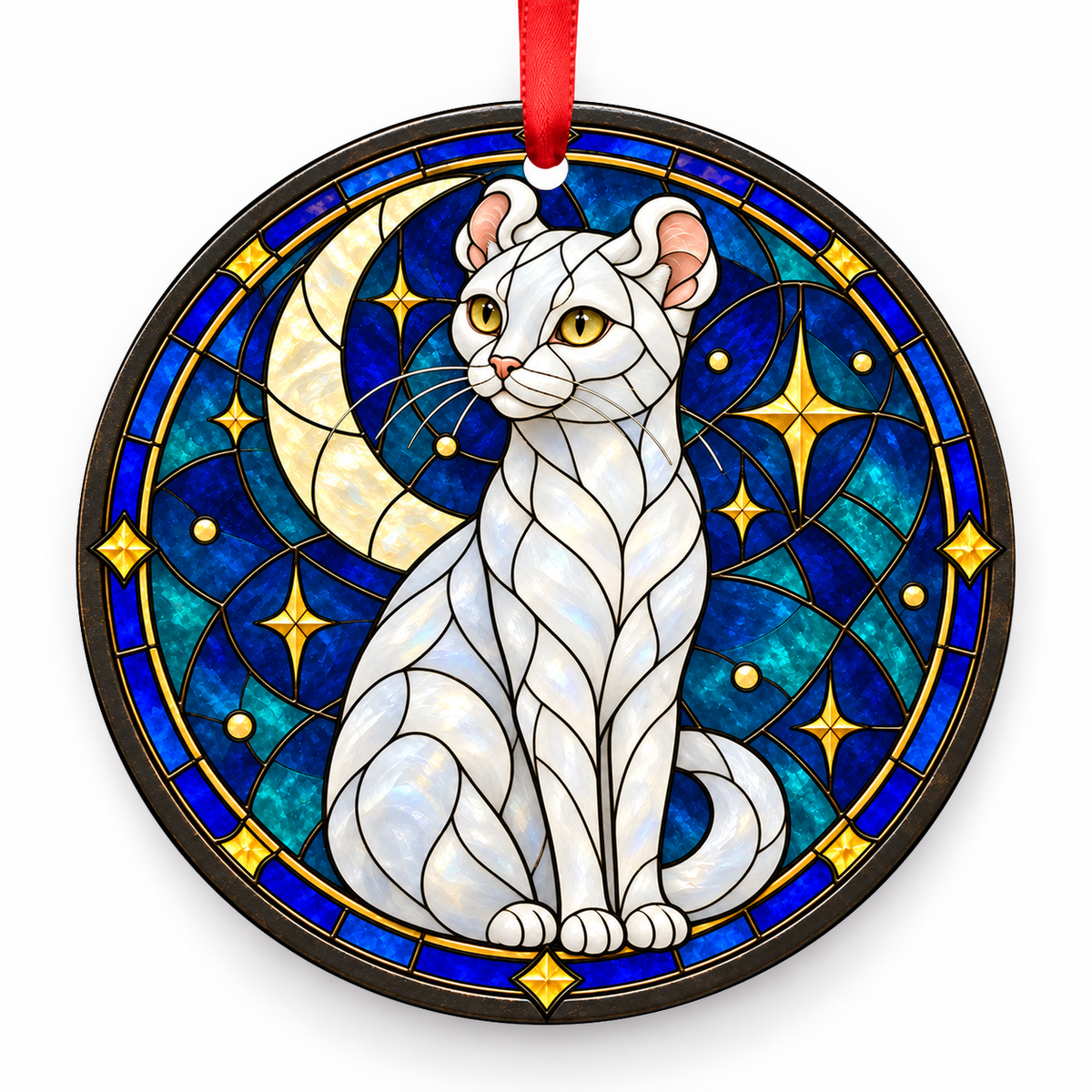 White American Curl stained glass style porcelain Christmas ornament with red ribbon