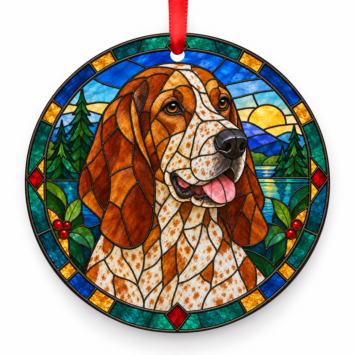 Original American English Coonhound stained glass style porcelain Christmas ornament with red ribbon