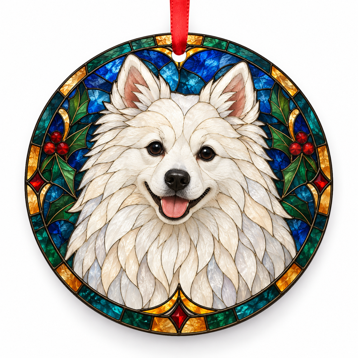White American Eskimo Dog stained glass style porcelain Christmas ornament with red ribbon