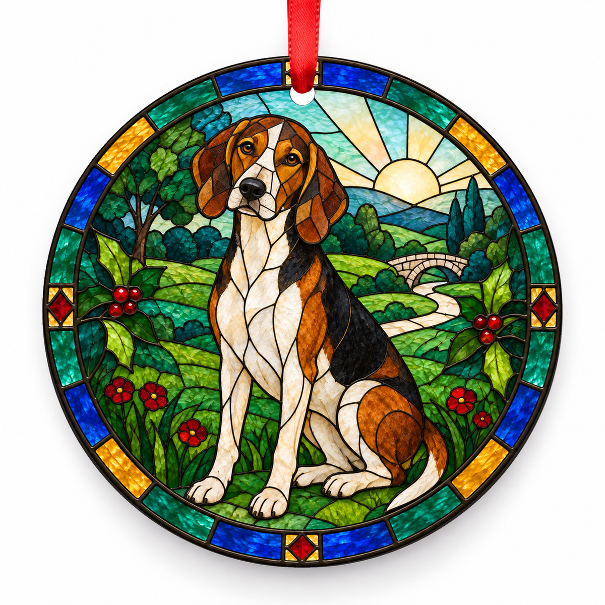 Original American Foxhound stained glass style porcelain Christmas ornament with red ribbon