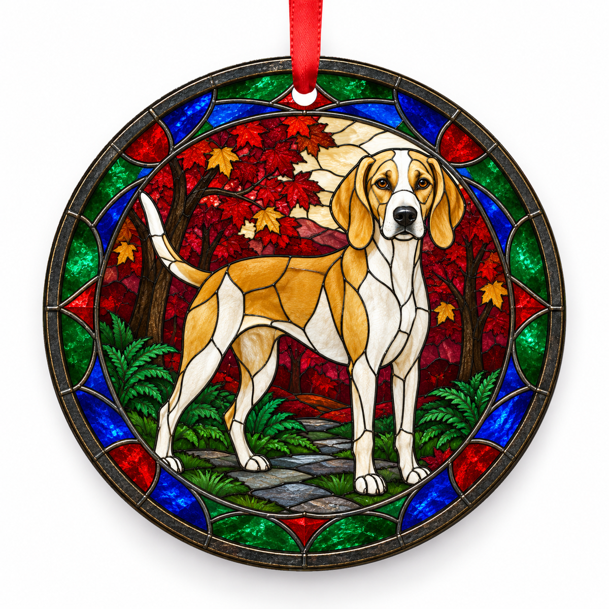 Lemon White American Foxhound stained glass style porcelain Christmas ornament with red ribbon