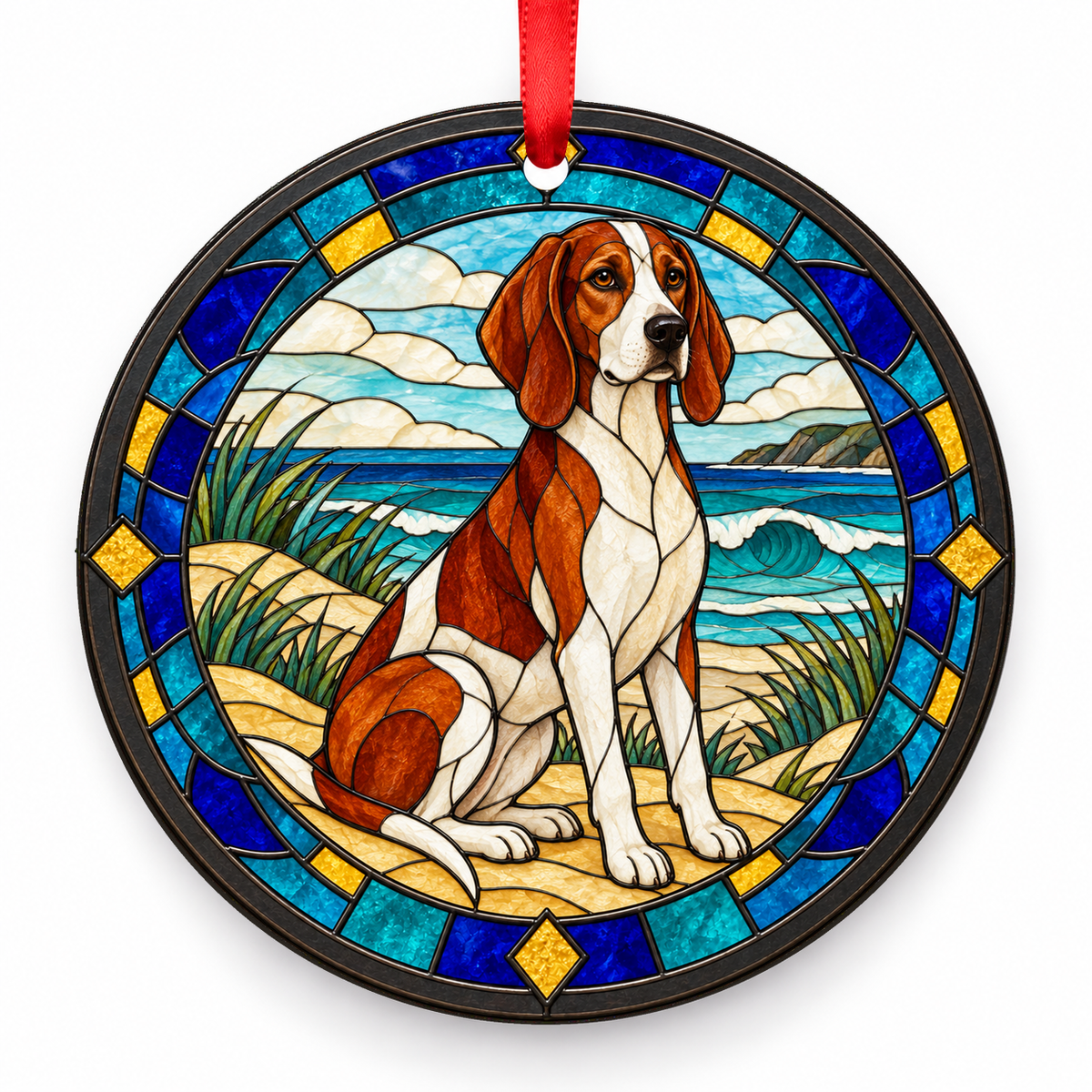 Red White American Foxhound stained glass style porcelain Christmas ornament with red ribbon