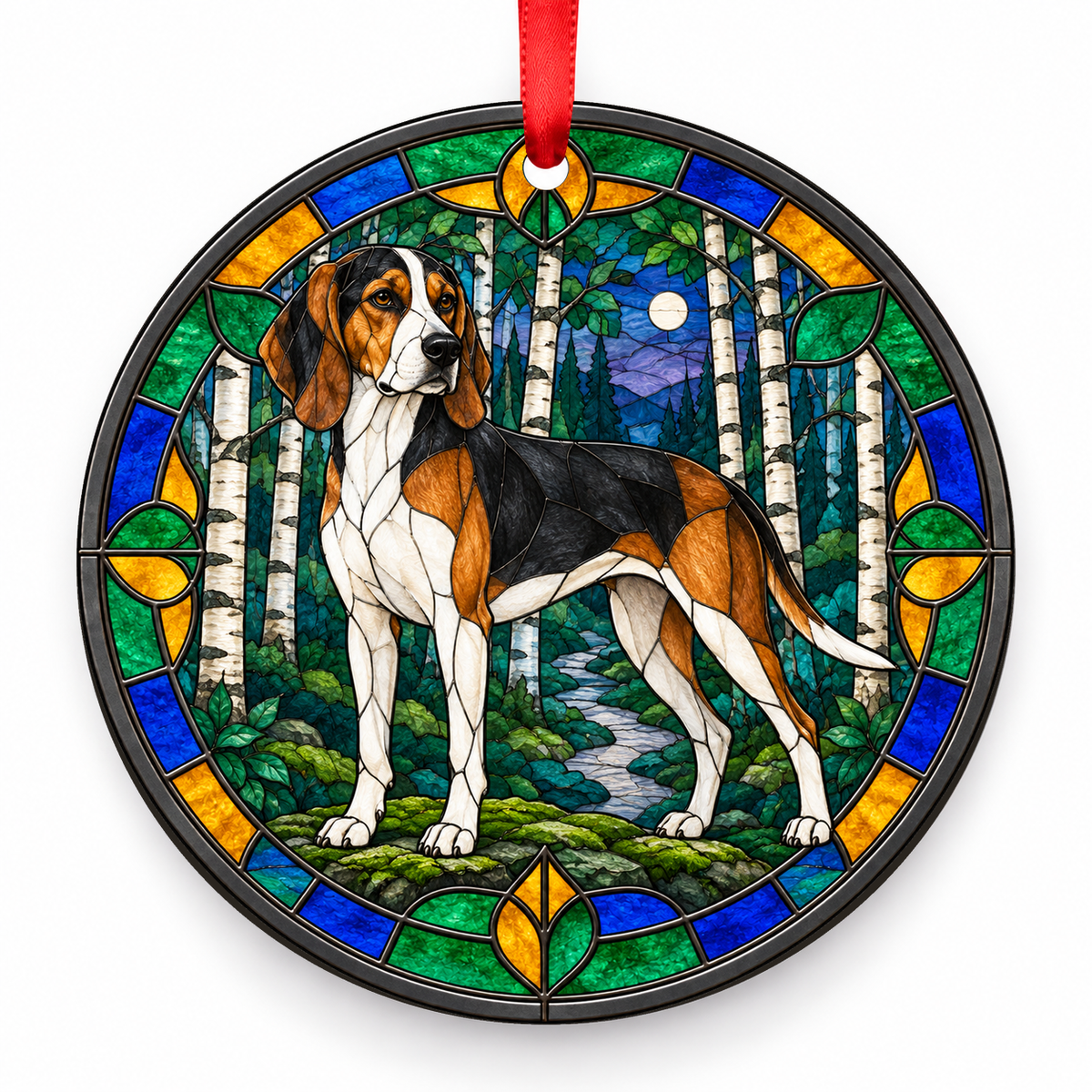 Tricolor American Foxhound stained glass style porcelain Christmas ornament with red ribbon