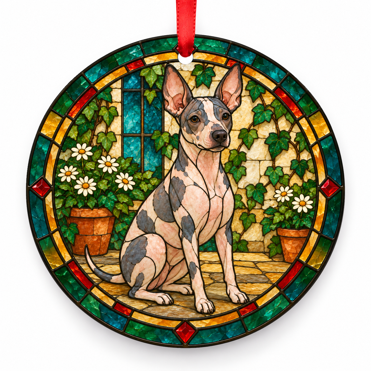 Original American Hairless Terrier stained glass style porcelain Christmas ornament with red ribbon