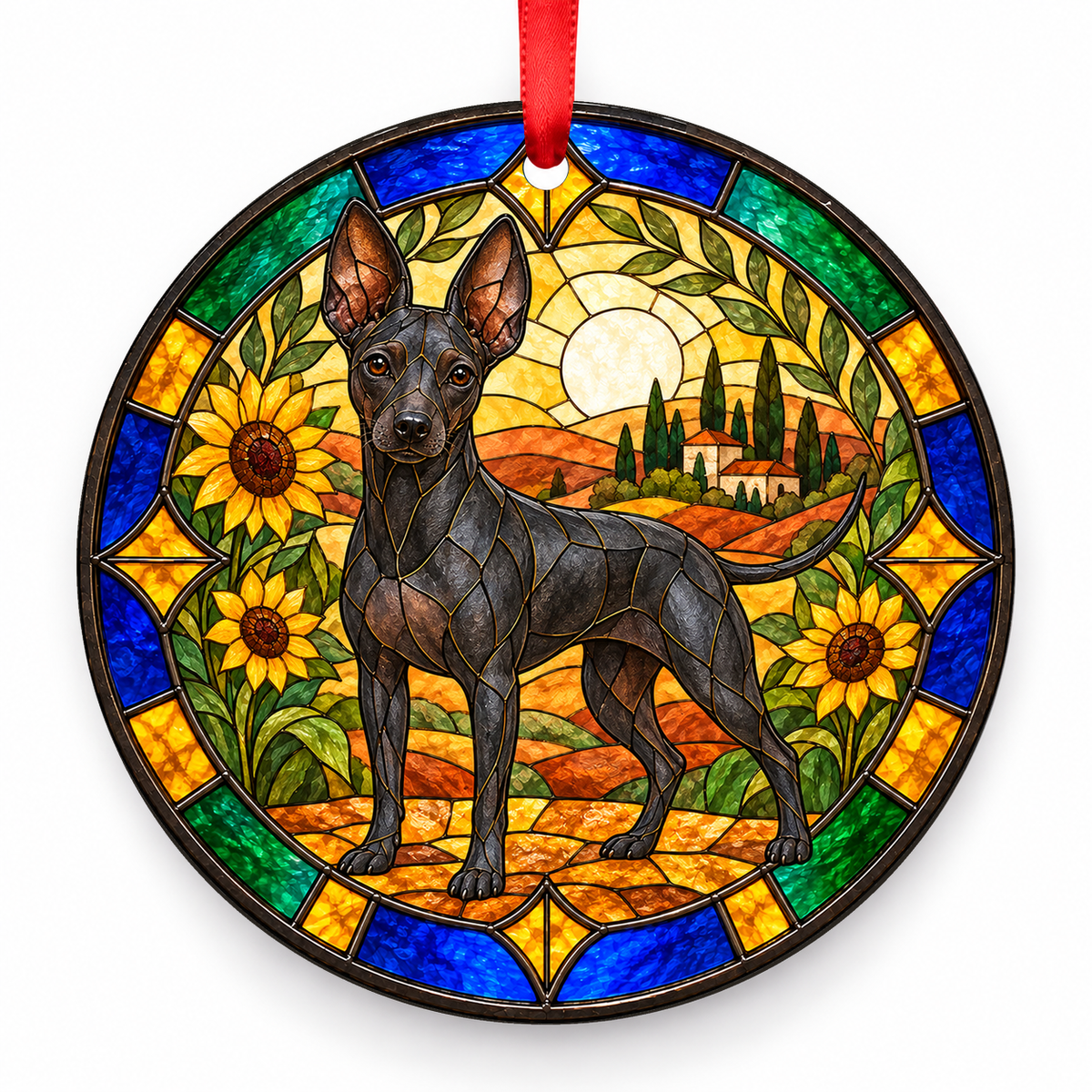 Black American Hairless Terrier stained glass style porcelain Christmas ornament with red ribbon