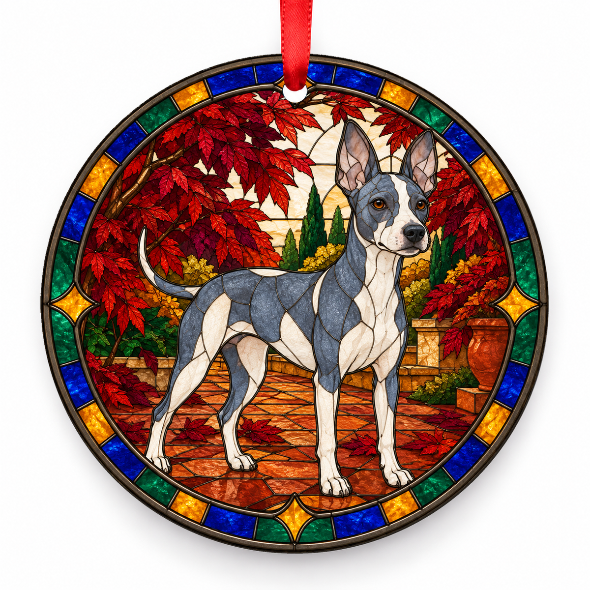 Blue White American Hairless Terrier stained glass style porcelain Christmas ornament with red ribbon