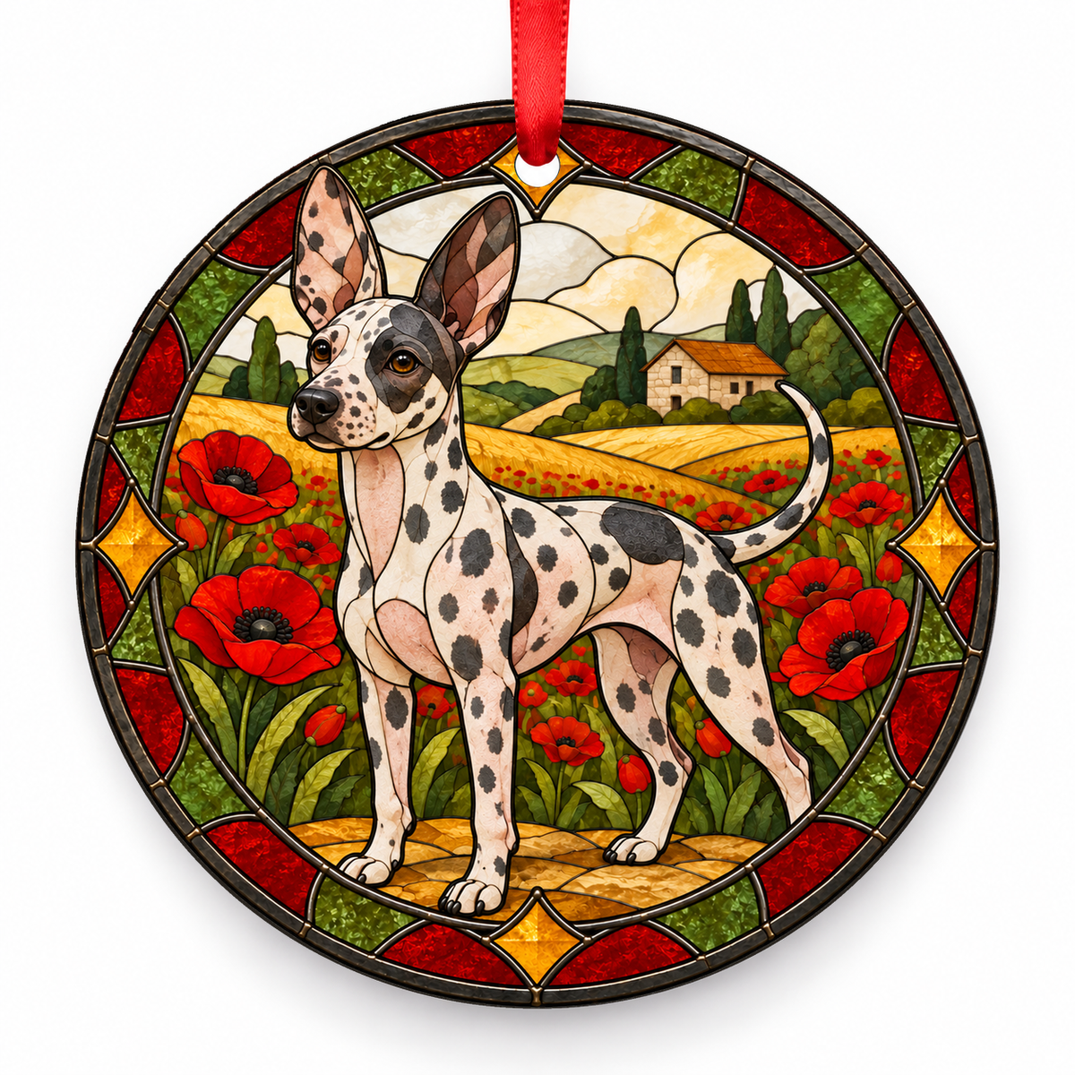Spotted American Hairless Terrier stained glass style porcelain Christmas ornament with red ribbon