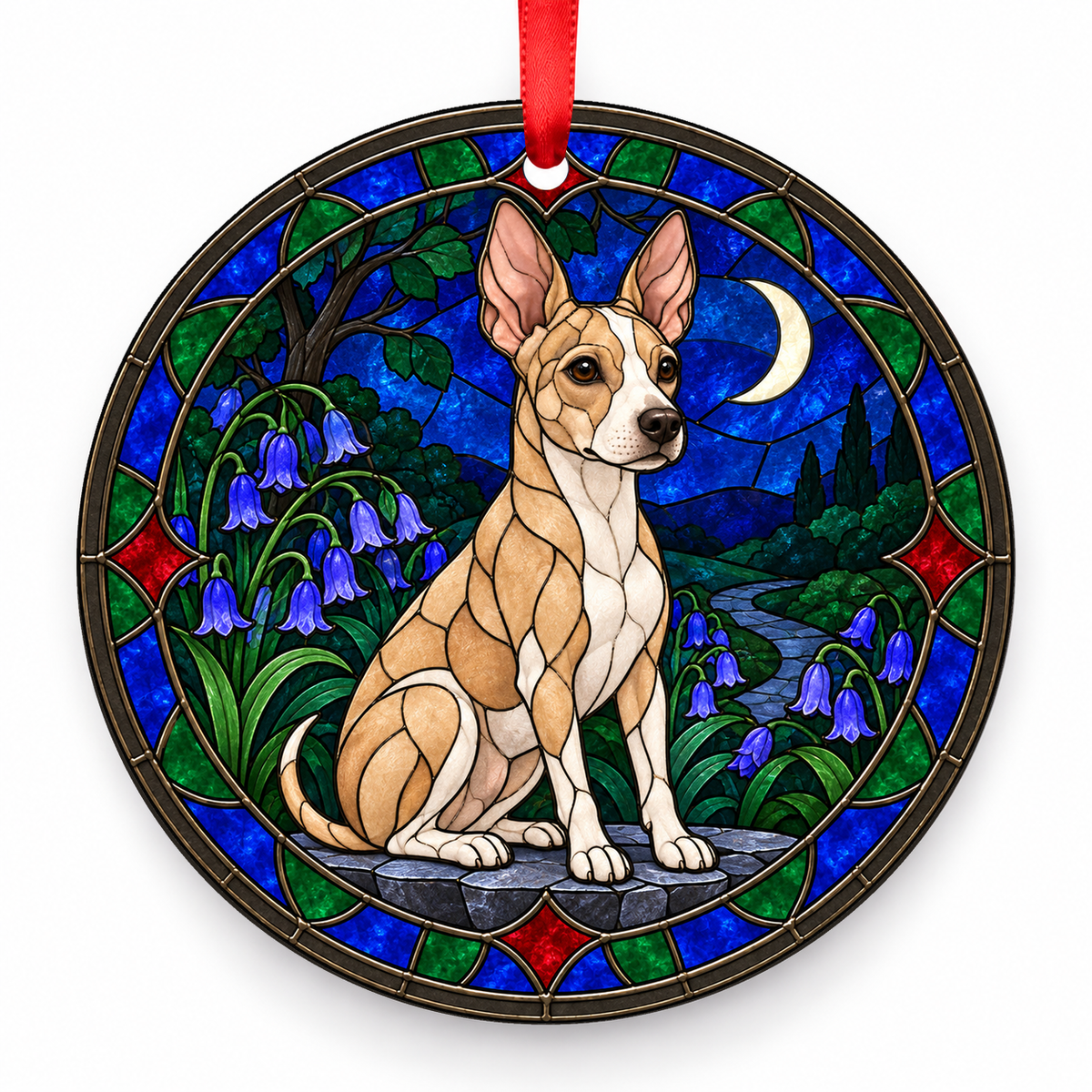 Tan White American Hairless Terrier stained glass style porcelain Christmas ornament with red ribbon
