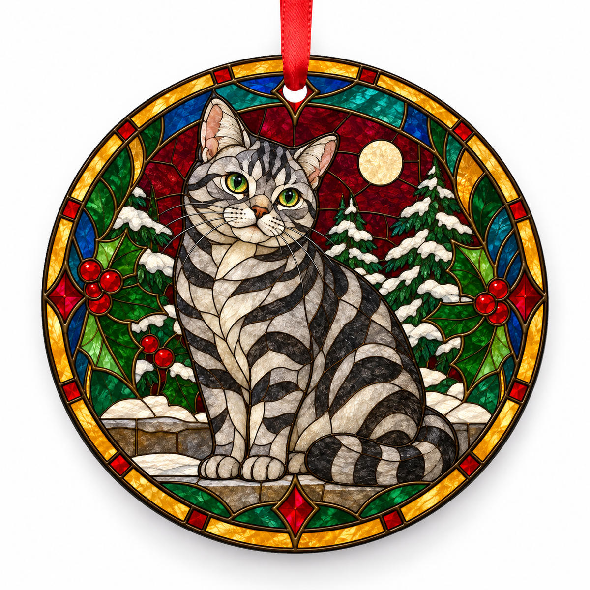 Original American Shorthair stained glass style porcelain Christmas ornament with red ribbon