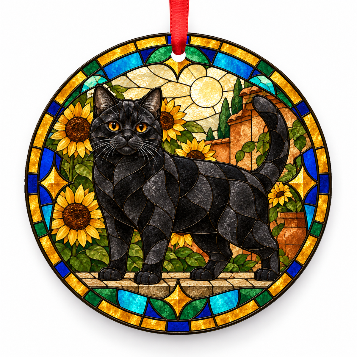 Black American Shorthair stained glass style porcelain Christmas ornament with red ribbon