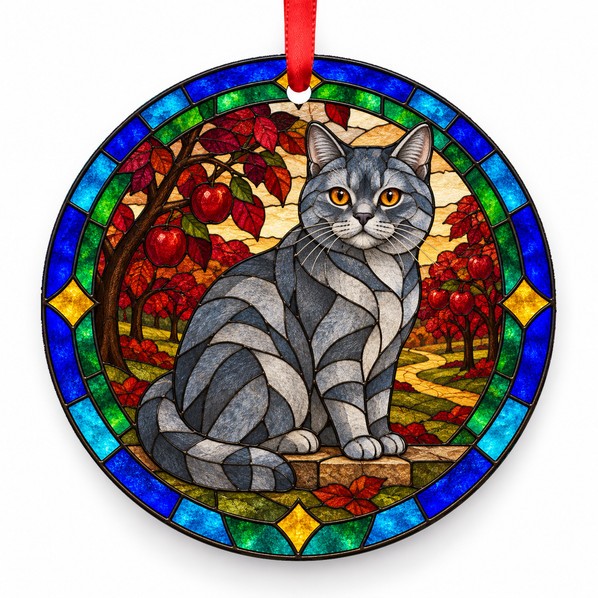 Blue American Shorthair stained glass style porcelain Christmas ornament with red ribbon