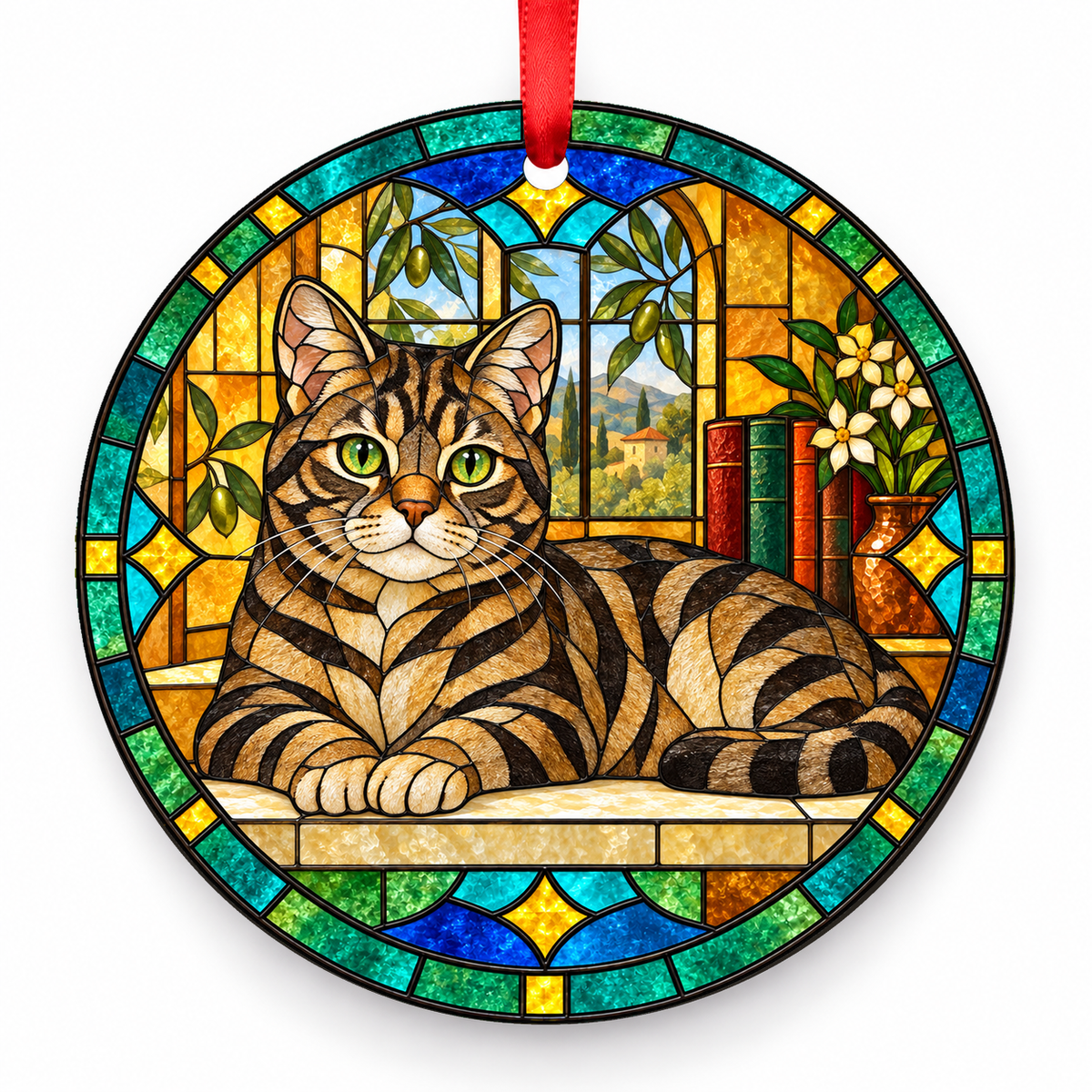 Brown Tabby American Shorthair stained glass style porcelain Christmas ornament with red ribbon