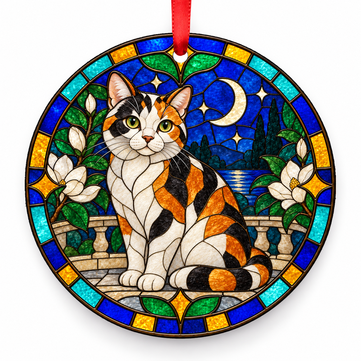 Calico American Shorthair stained glass style porcelain Christmas ornament with red ribbon