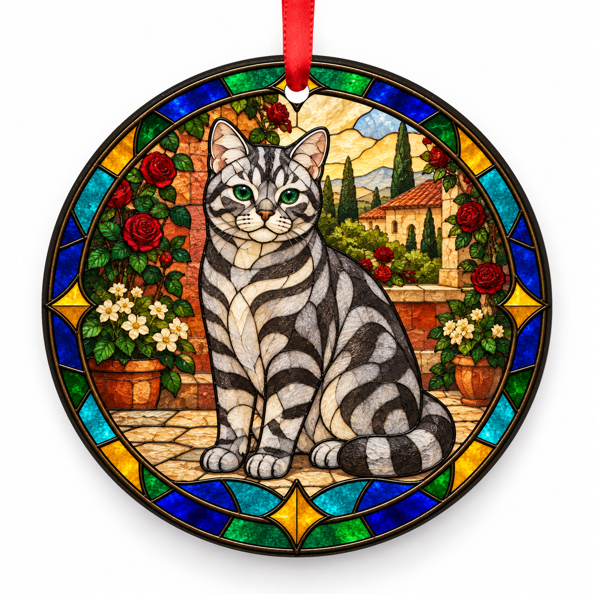 Silver Tabby American Shorthair stained glass style porcelain Christmas ornament with red ribbon