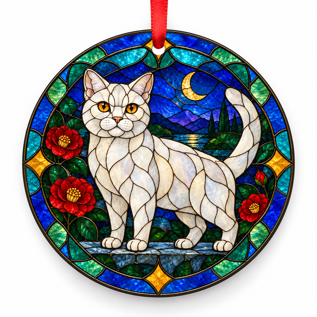 White American Shorthair stained glass style porcelain Christmas ornament with red ribbon