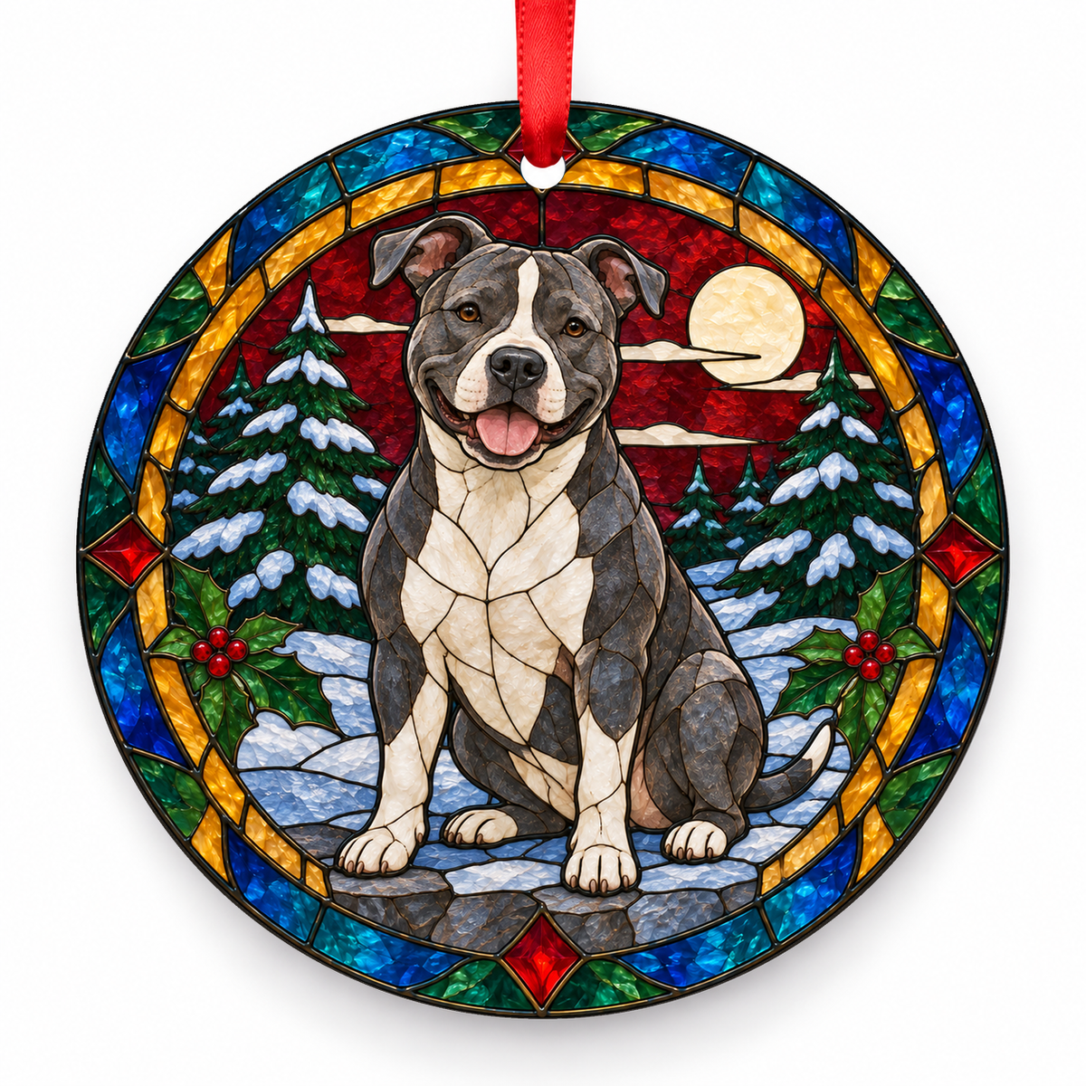 Original American Staffordshire Terrier stained glass style porcelain Christmas ornament with red ribbon