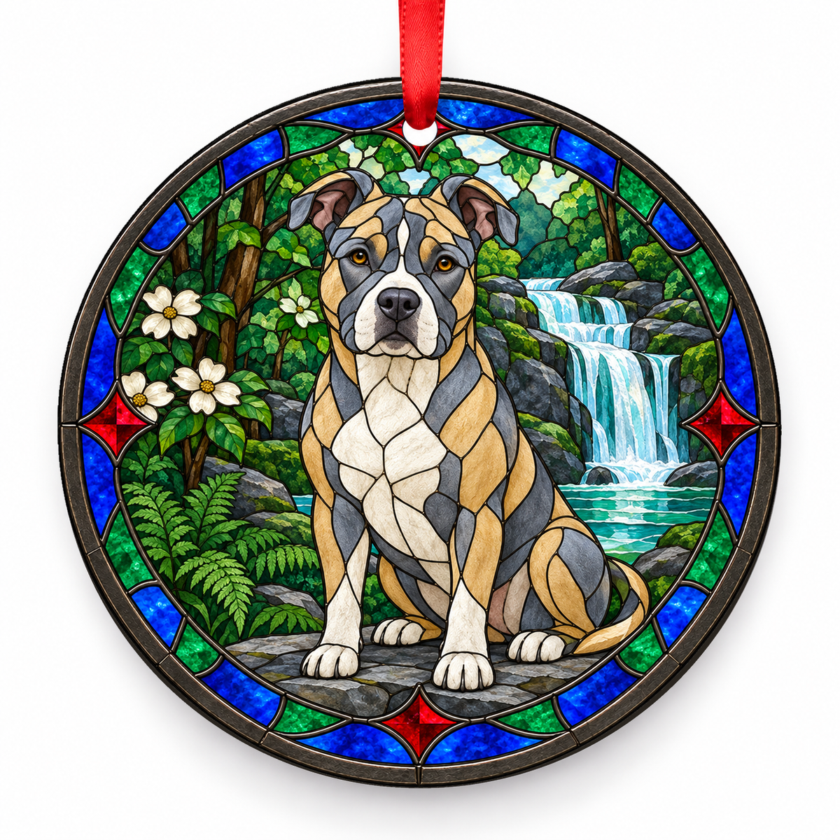 Blue Fawn American Staffordshire Terrier stained glass style porcelain Christmas ornament with red ribbon