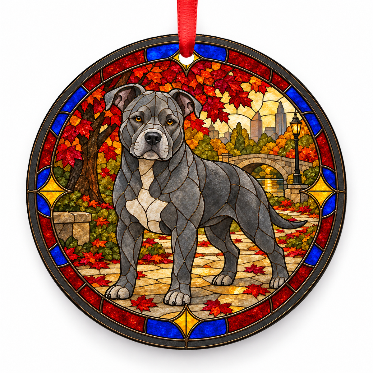Blue American Staffordshire Terrier stained glass style porcelain Christmas ornament with red ribbon
