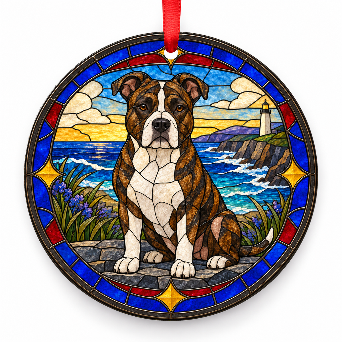 Brindle White American Staffordshire Terrier stained glass style porcelain Christmas ornament with red ribbon