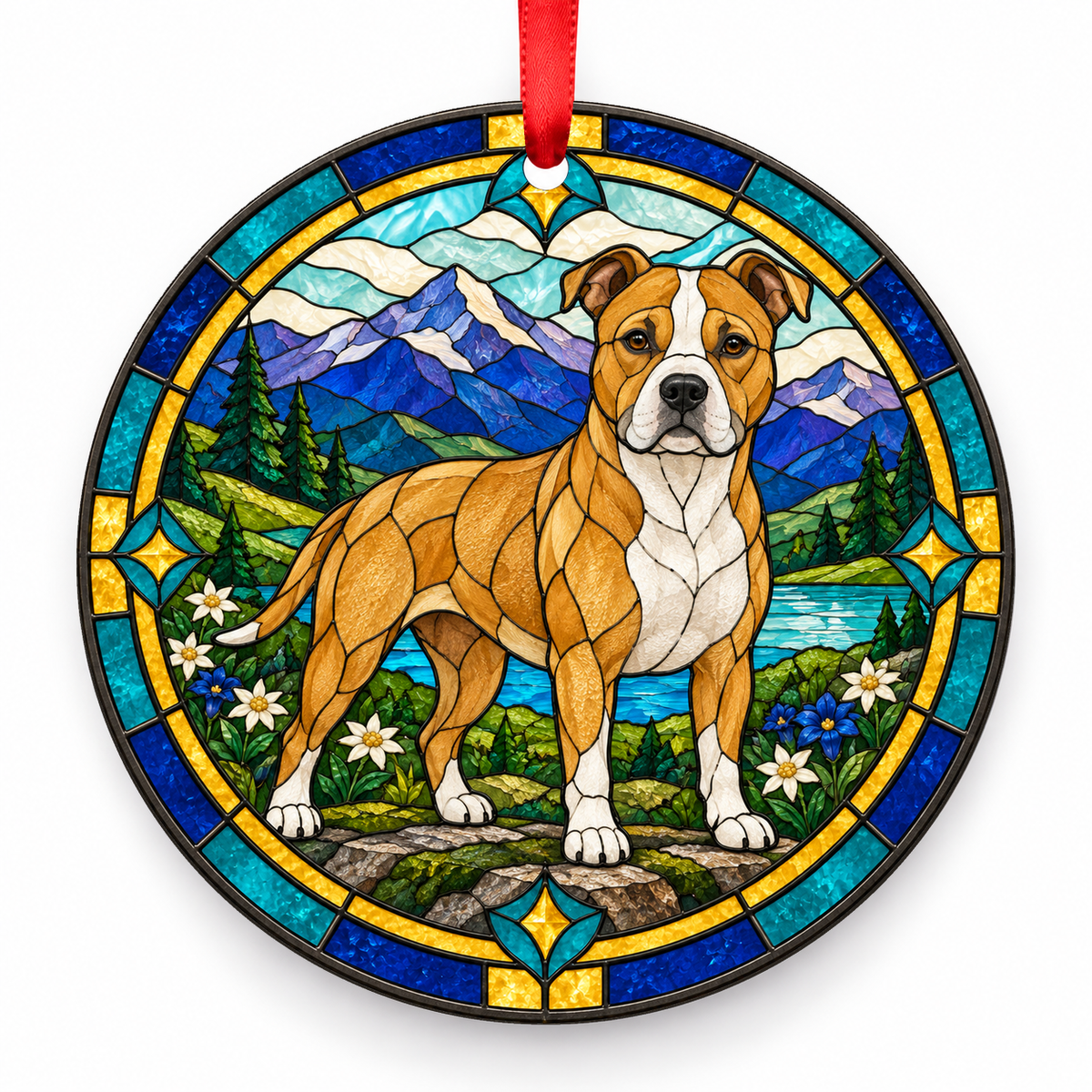 Fawn White American Staffordshire Terrier stained glass style porcelain Christmas ornament with red ribbon