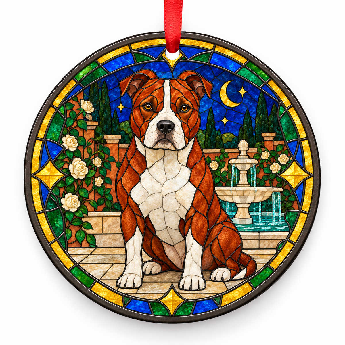 Red White American Staffordshire Terrier stained glass style porcelain Christmas ornament with red ribbon