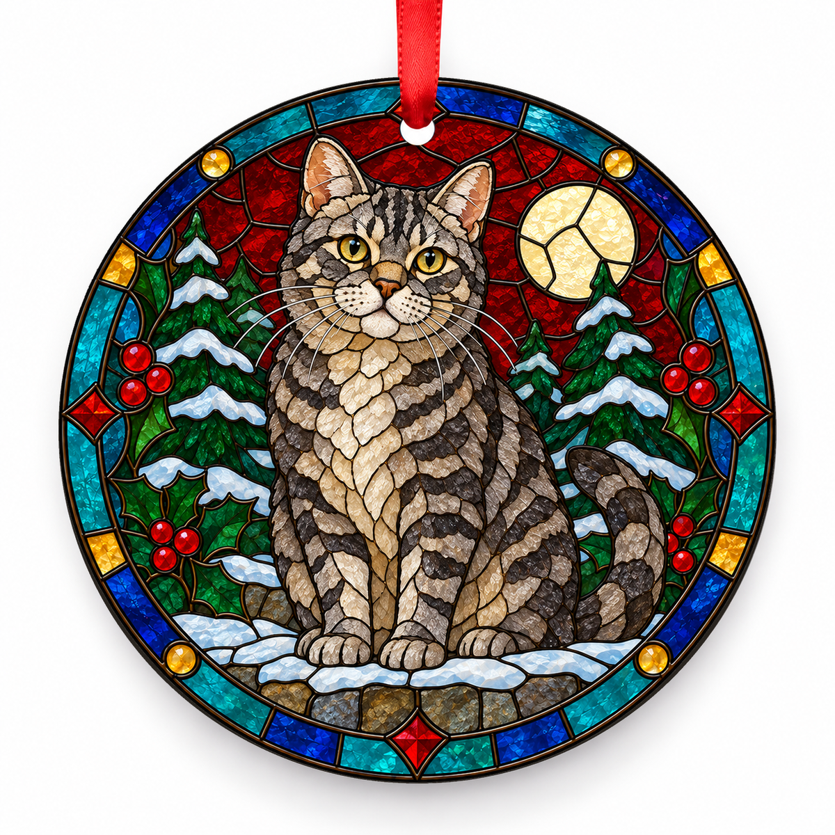Original American Wirehair stained glass style porcelain Christmas ornament with red ribbon