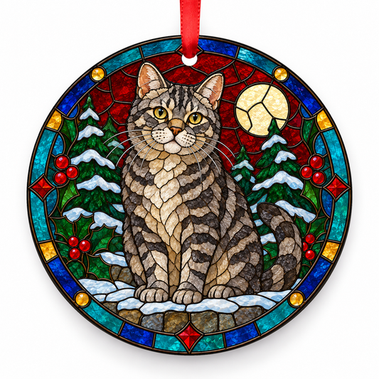 Original American Wirehair stained glass style porcelain Christmas ornament with red ribbon