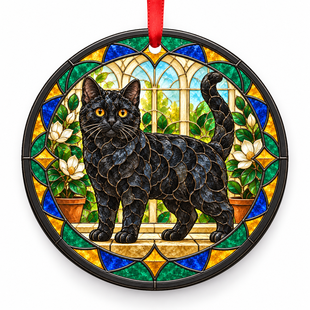Black American Wirehair stained glass style porcelain Christmas ornament with red ribbon